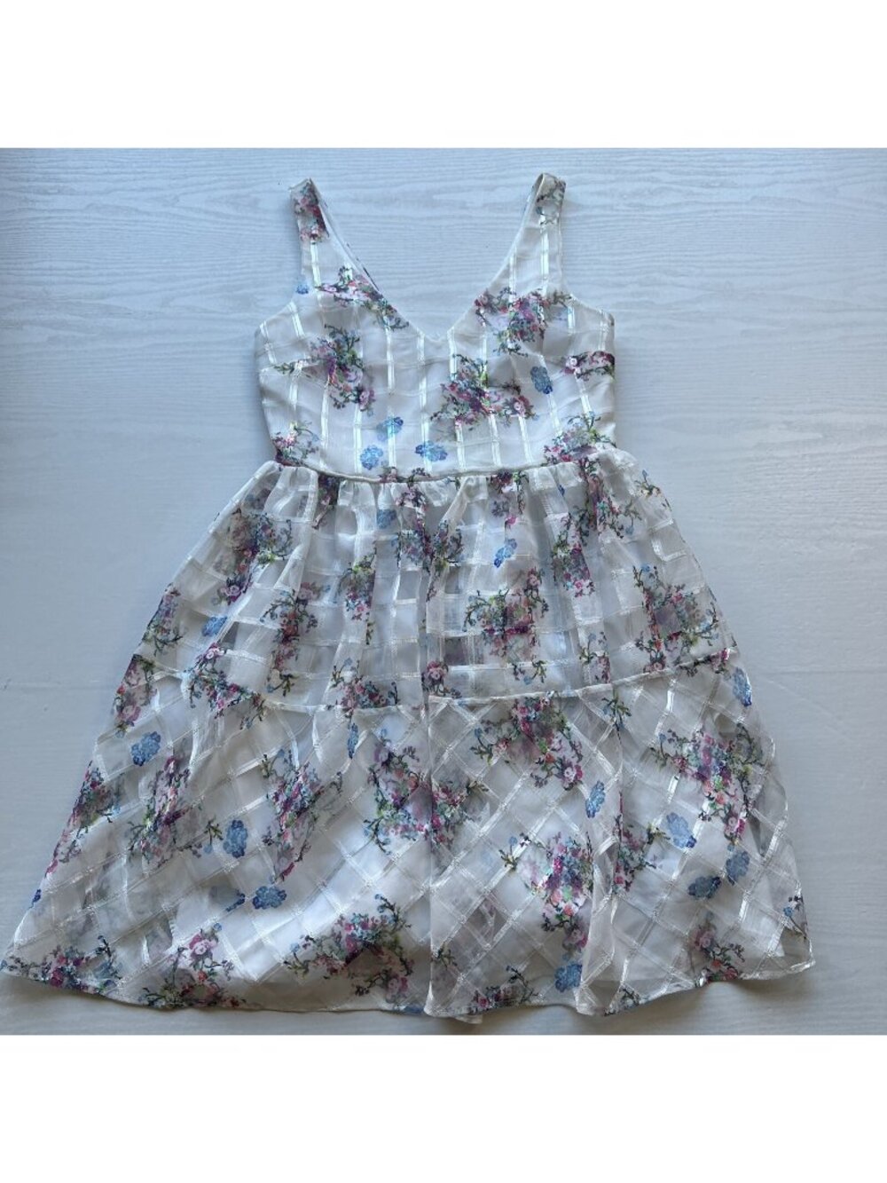 Anthropologie Maeve Floral Fit Flare Dress  Womens 12 Ivory Organza V NeckNWT